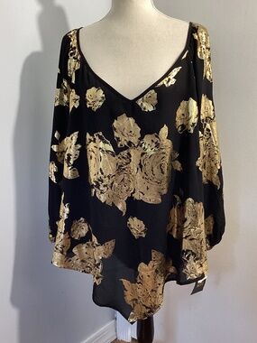 NWT WANT and NEED  PLUS 3X BLACK POLY CHIFFON BLOUSE TUNIC GOLD ROSES SPECIAL